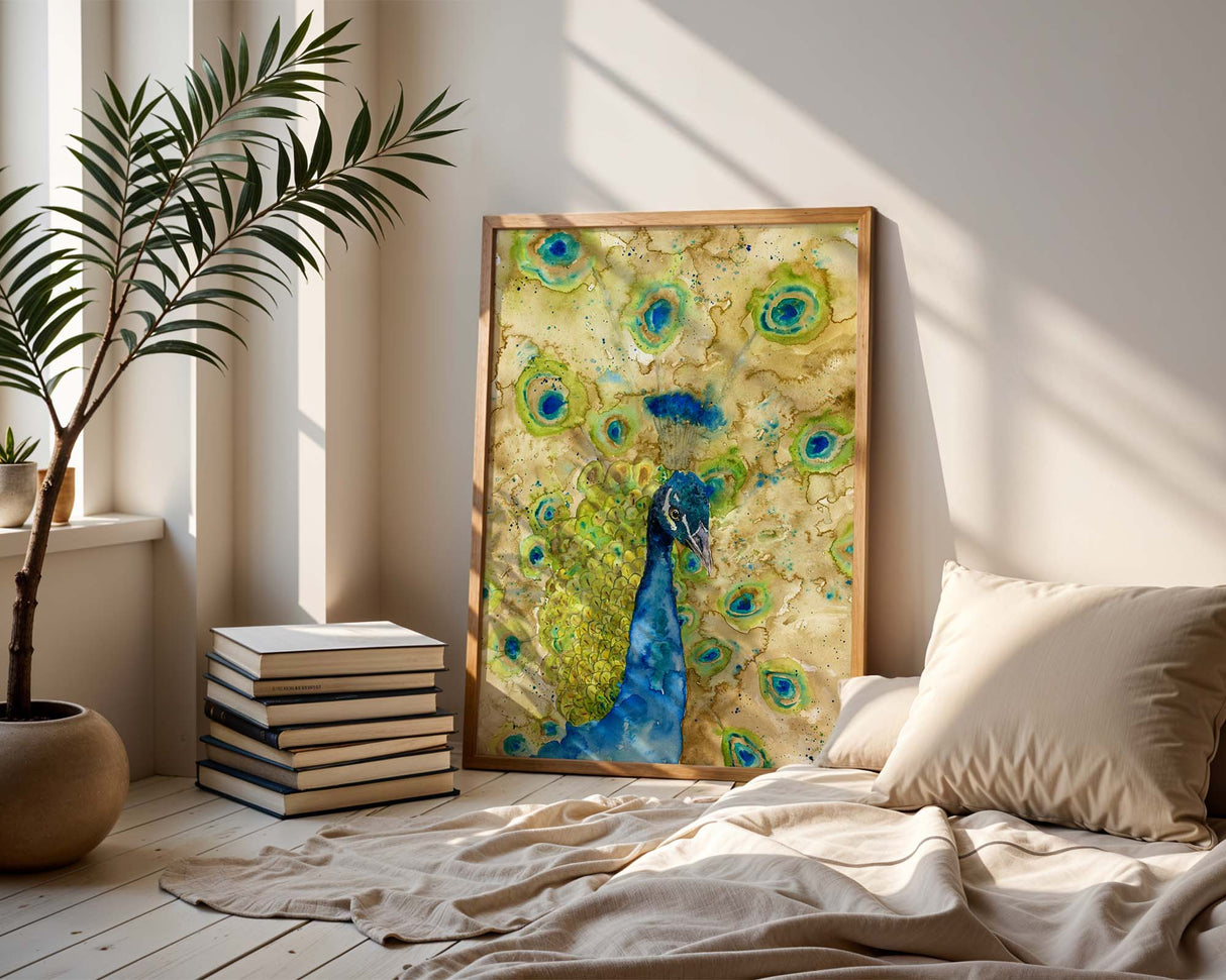 Hand-painted peacock watercolour print in green, turquoise and blue tones.