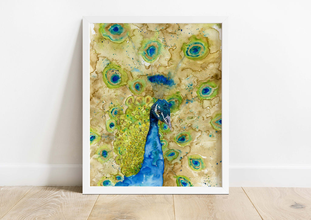 Watercolour peacock print with vibrant green shades, Turquoise and blue peacock art print, Peacock wall decor in vibrant green