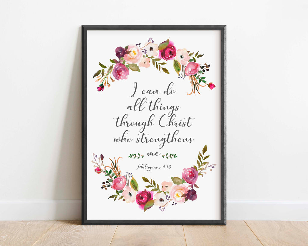 Inspiring Bible Verse Wall Decor with Flowers, Philippians 4:13 Quote in Floral Frame, Christian Faith Artwork with Floral Motif