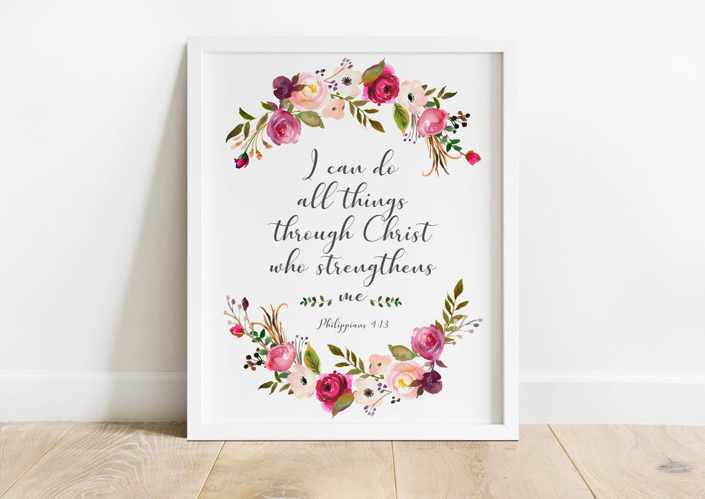 Pink Blossoms Philippians 4:13 Poster, Floral Inspirational Quote Wall Art, Bible Verse Art Print with Pink Florals
