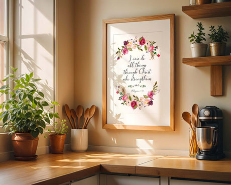 Inspirational Bible verse wall decor with Philippians 4:13 and botanical pink burgundy design.