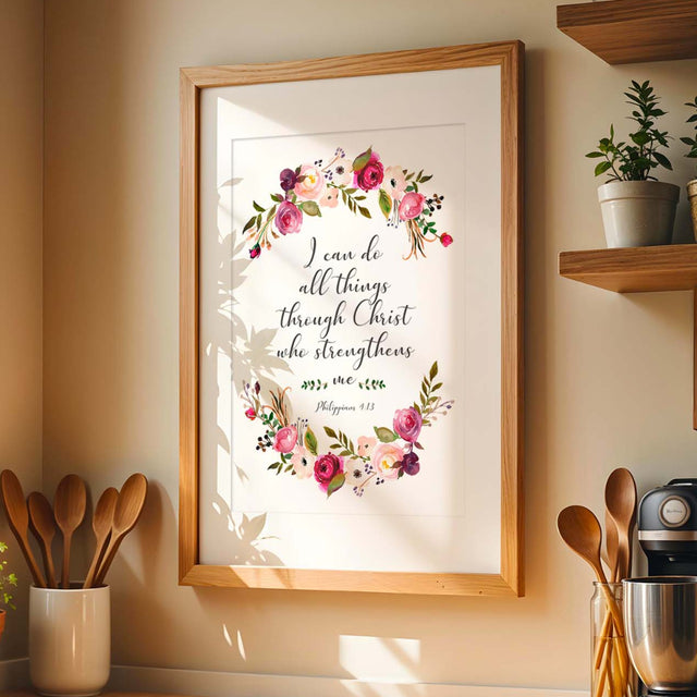 Inspirational Bible verse wall decor with Philippians 4:13 and botanical pink burgundy design.