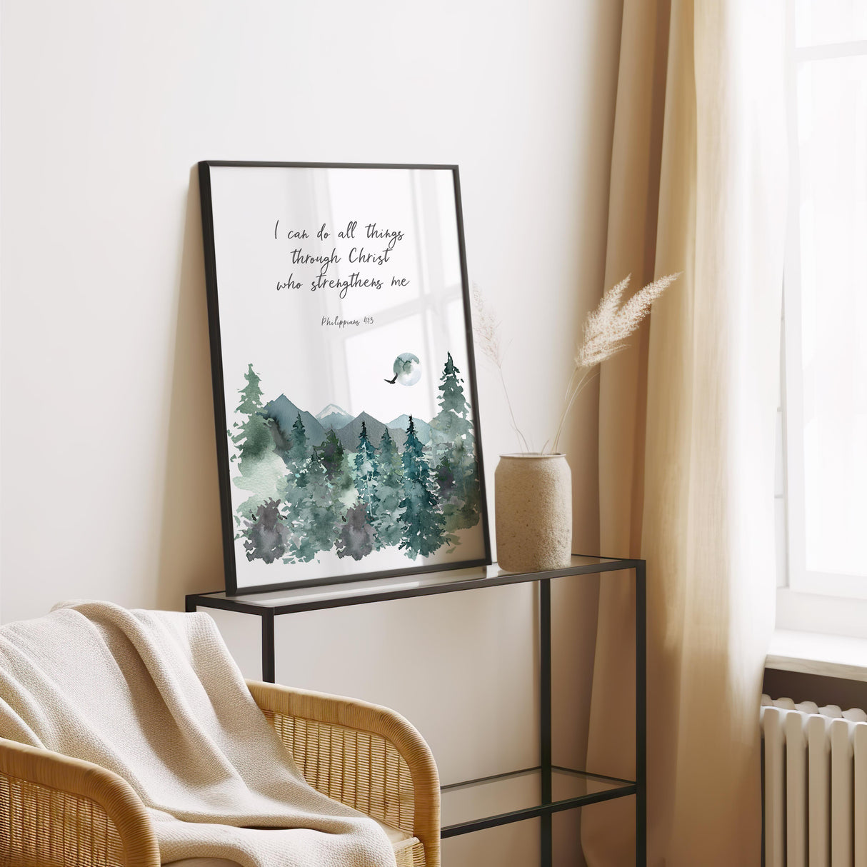 Inspirational Christian decor with I can do all things through Christ verse.