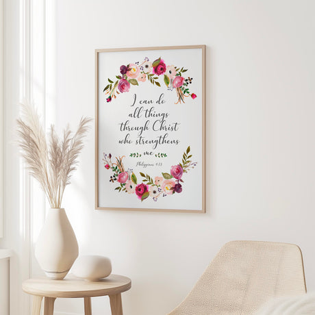 Uplifting scripture art print featuring Philippians 4:13 surrounded by delicate floral wreath.