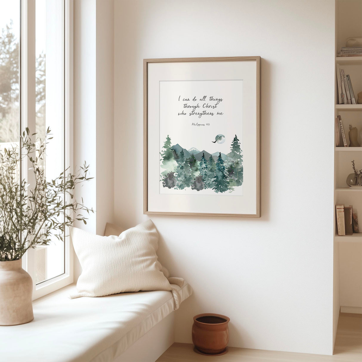 Philippians 4 13 mountain Bible verse wall art for faith and encouragement.