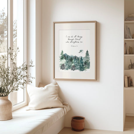 Philippians 4 13 mountain Bible verse wall art for faith and encouragement.