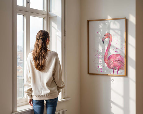 Flamingo Poise wall art showing a serene flamingo in blush and rose hues, painted with gentle, expressive brushstrokes.