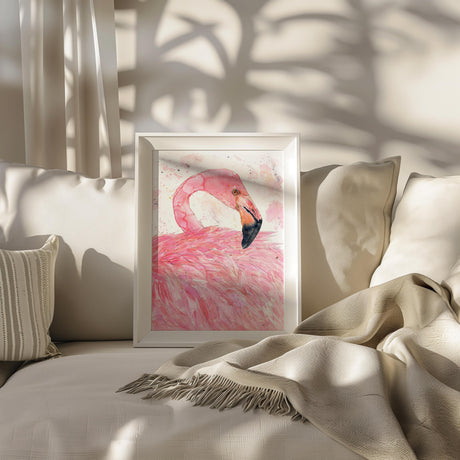 A graceful pink flamingo portrait in loose watercolour, featuring soft blush and magenta tones on a white background.