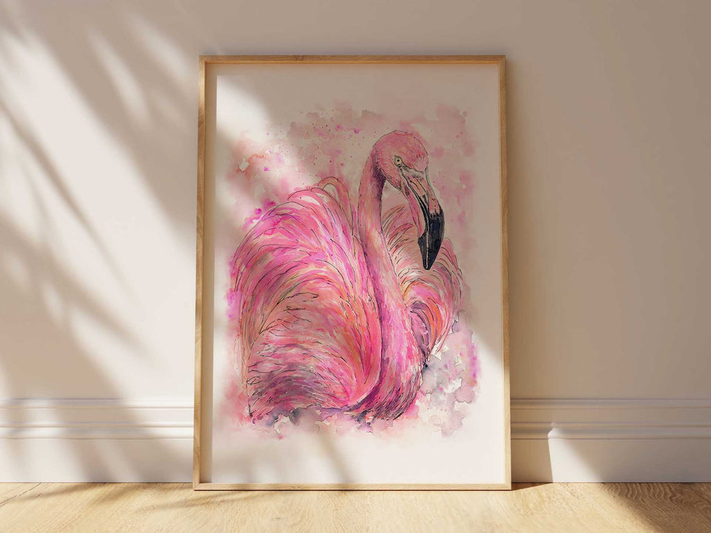 Artistic pink flamingo watercolour for contemporary living, Expressive watercolour flamingo art for gallery-worthy walls