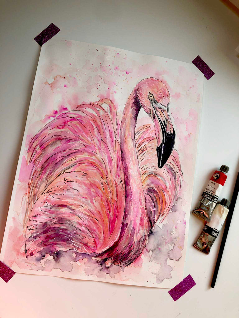 Graceful pink flamingo watercolor art for home decor, Loose watercolor flamingo print for stylish living spaces
