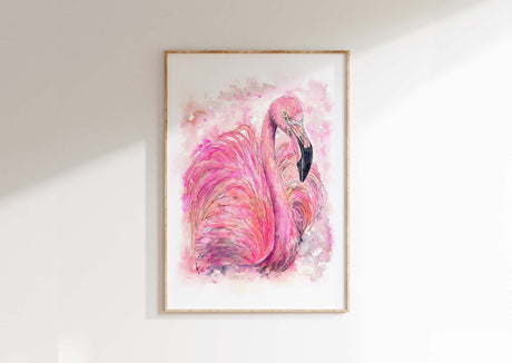 Flamingo Watercolour Painting Print, Pink Flamingo Watercolor Art, Vibrant pink flamingo wall art in loose watercolour style