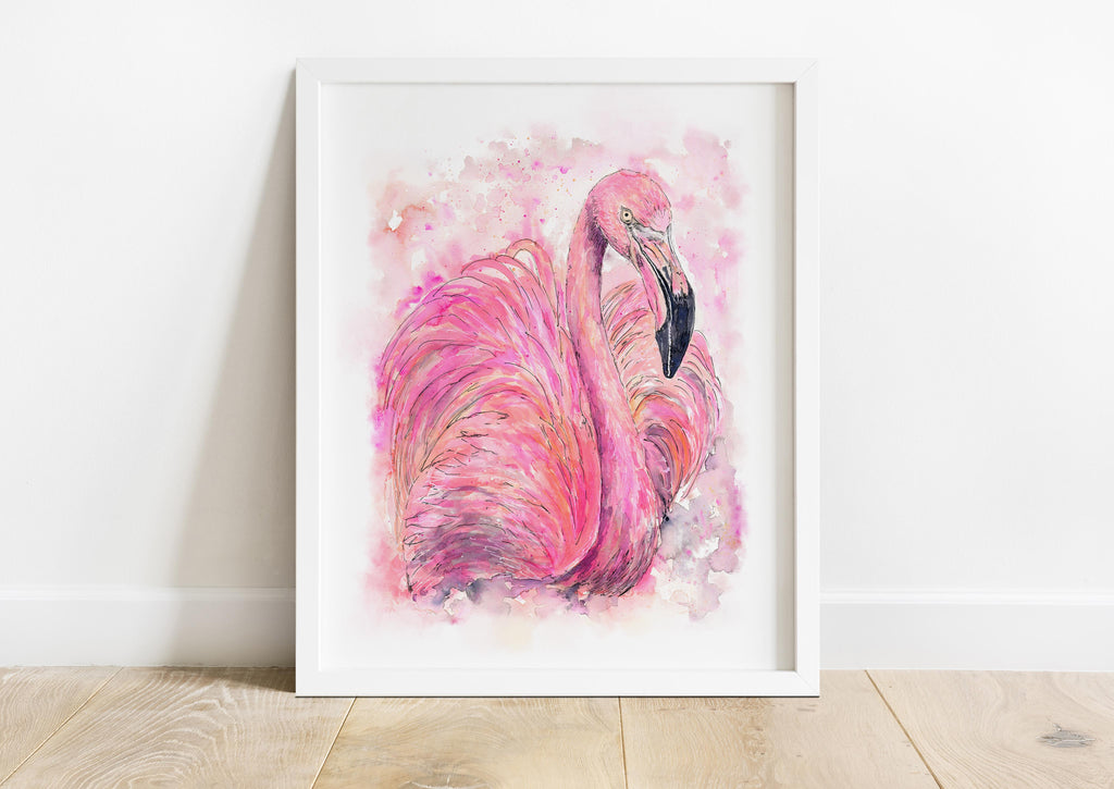 Stylish loose watercolour pink flamingo print for office spaces, Modern home decor with a touch of loose watercolour elegance