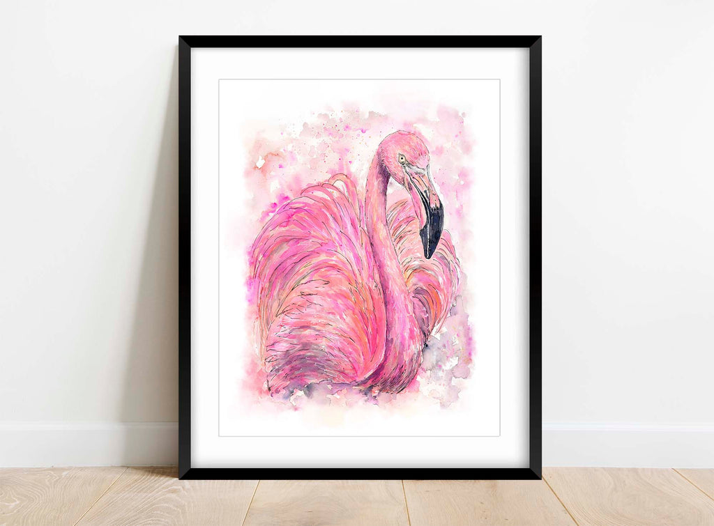 Playful and vibrant pink flamingo watercolor for art lovers, Soothing loose style watercolour flamingo print for relaxation