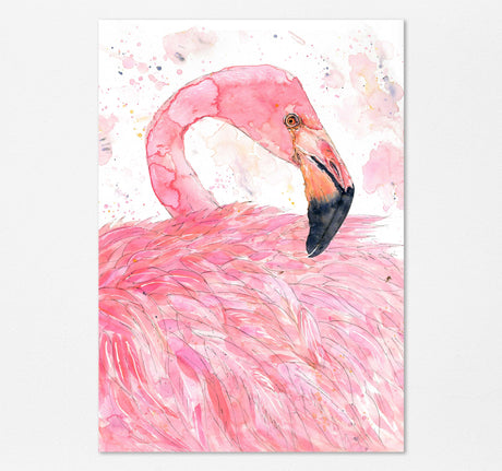 'Blush and Feathers' - Pink Flamingo Wall Art Print, Modern Pink Bird Watercolor for Elegant Modern or Tropical Inspired Home Decor