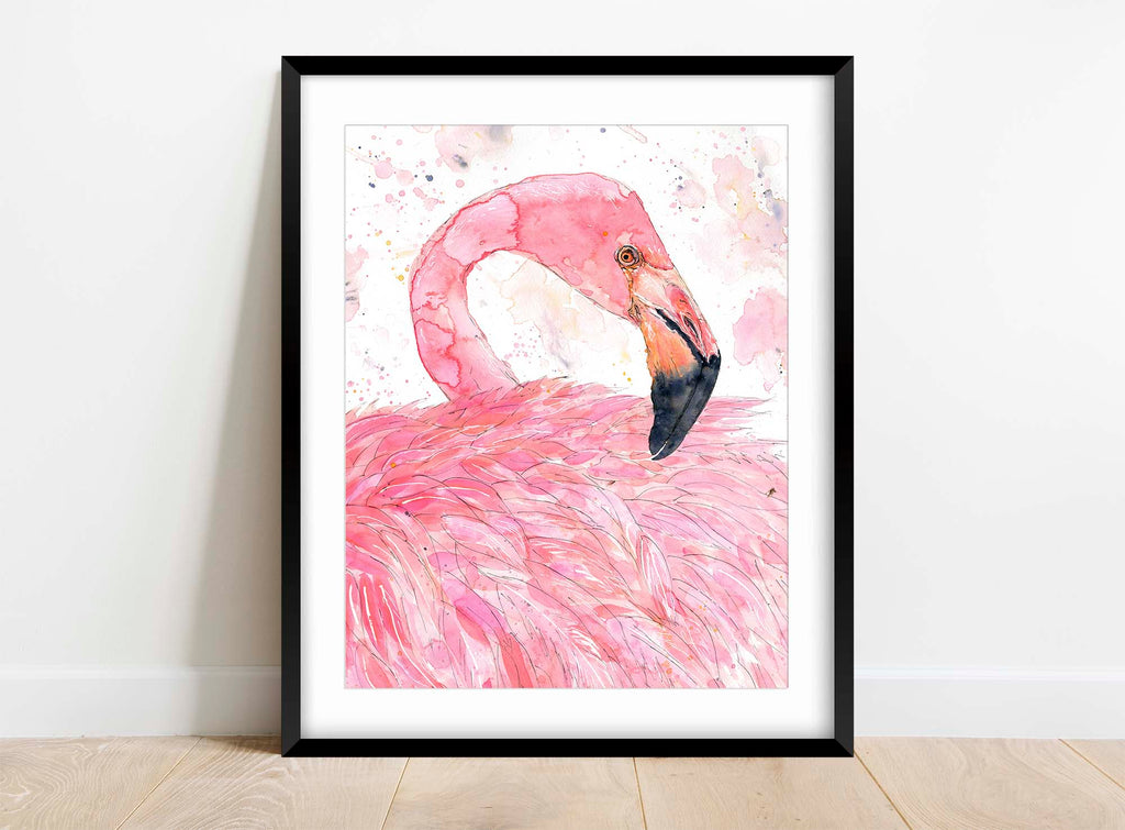 Pink Flamingo Illustration in Watercolour, Whimsical Pink Flamingo Print, Artistic Single Flamingo in Pink Tones