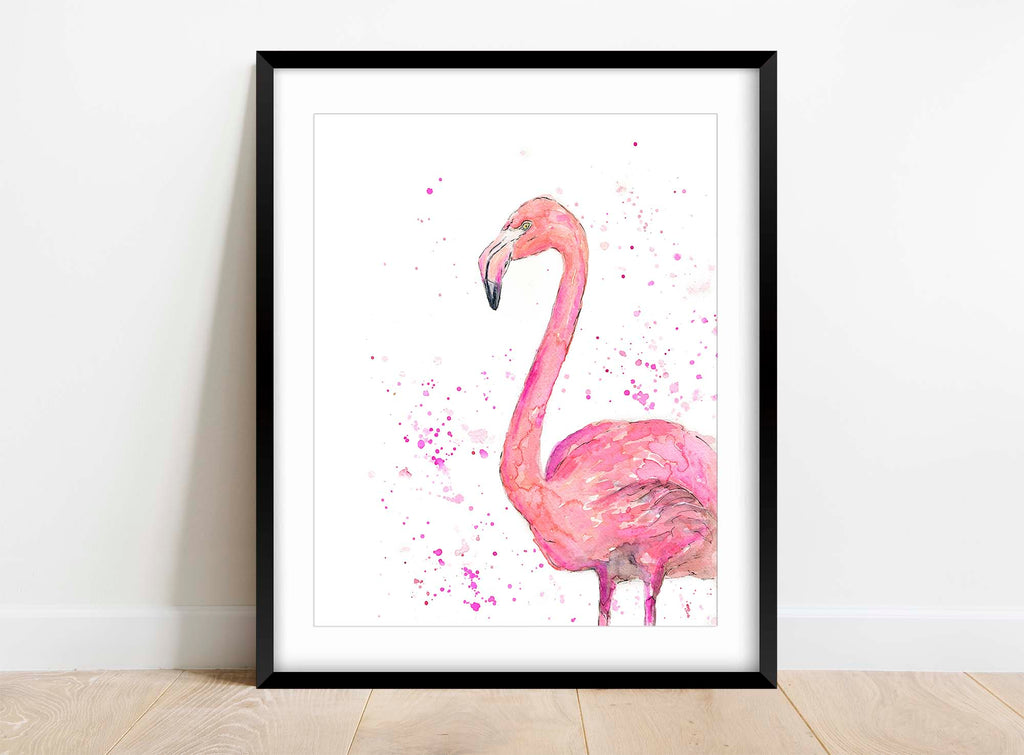 Romantic pink hues in flamingo watercolor print, Watercolour painting of a pink flamingo in a loose style, watercolour flamingo art