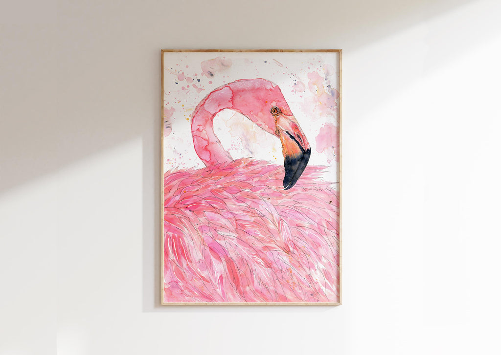 Pink Flamingo Print, Tropical Wall Art, Modern Watercolor Painters, Flamingo Portrait in Loose Watercolor, Soft Pink Flamingo Painting