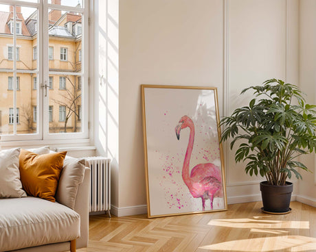 Watercolour flamingo print with pink tones in a loose, flowing style adding elegance and calm to your bedroom or living space.