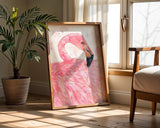Elegant flamingo art print in hand-painted watercolour, showcasing fluid brushstrokes in soft and vibrant pinks.