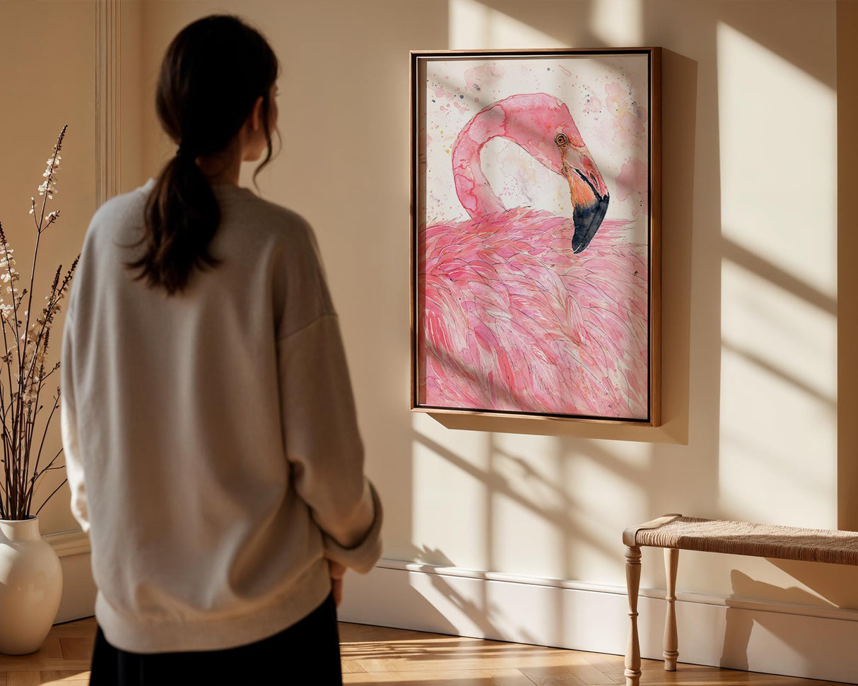 Flamingo bird wall art with soft pink hues and flowing watercolour style, perfect for feminine and tropical-inspired spaces.