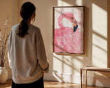Flamingo bird wall art with soft pink hues and flowing watercolour style, perfect for feminine and tropical-inspired spaces.