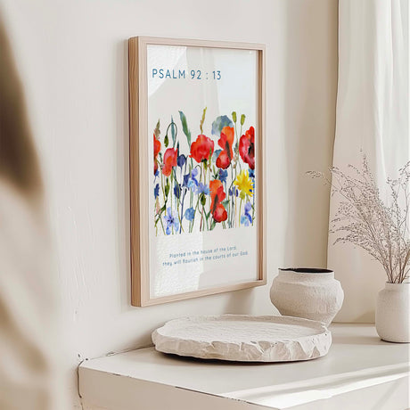 Psalm 92:13 floral print with vibrant poppies and soft blue cornflowers on high-quality paper.