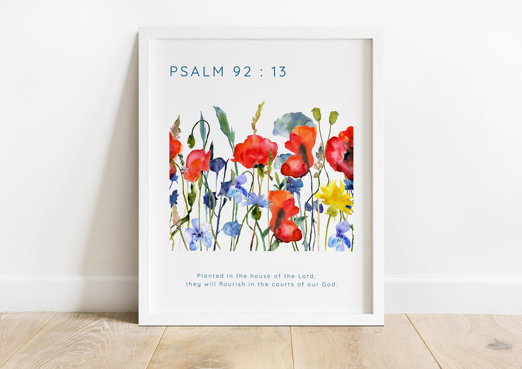 Wildflower watercolor print with Bible verse, Inspirational Scripture art with poppies and cornflowers, Psalm 92:13 art for Christians