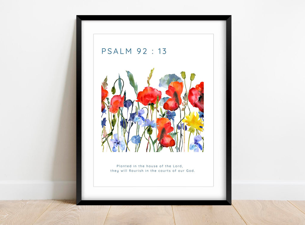 Psalm 92:13 wall art for Christian homes, Watercolor wildflowers and Psalm 92:13 quote, Planted in the house of the Lord artwork