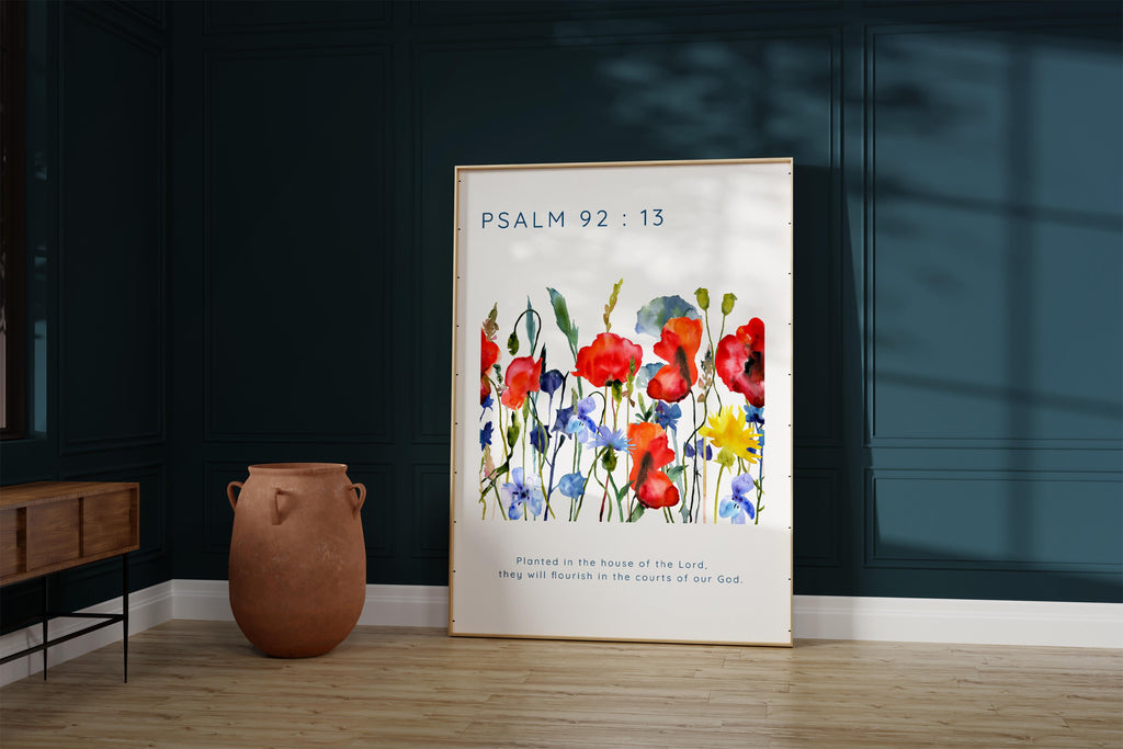 Minimalist Bible verse art with watercolor flowers, Christian home decor with watercolor poppies and cornflowers
