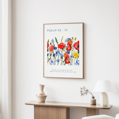 Watercolour wildflower Christian art print with Psalm 92:13 and delicate poppies and cornflowers.