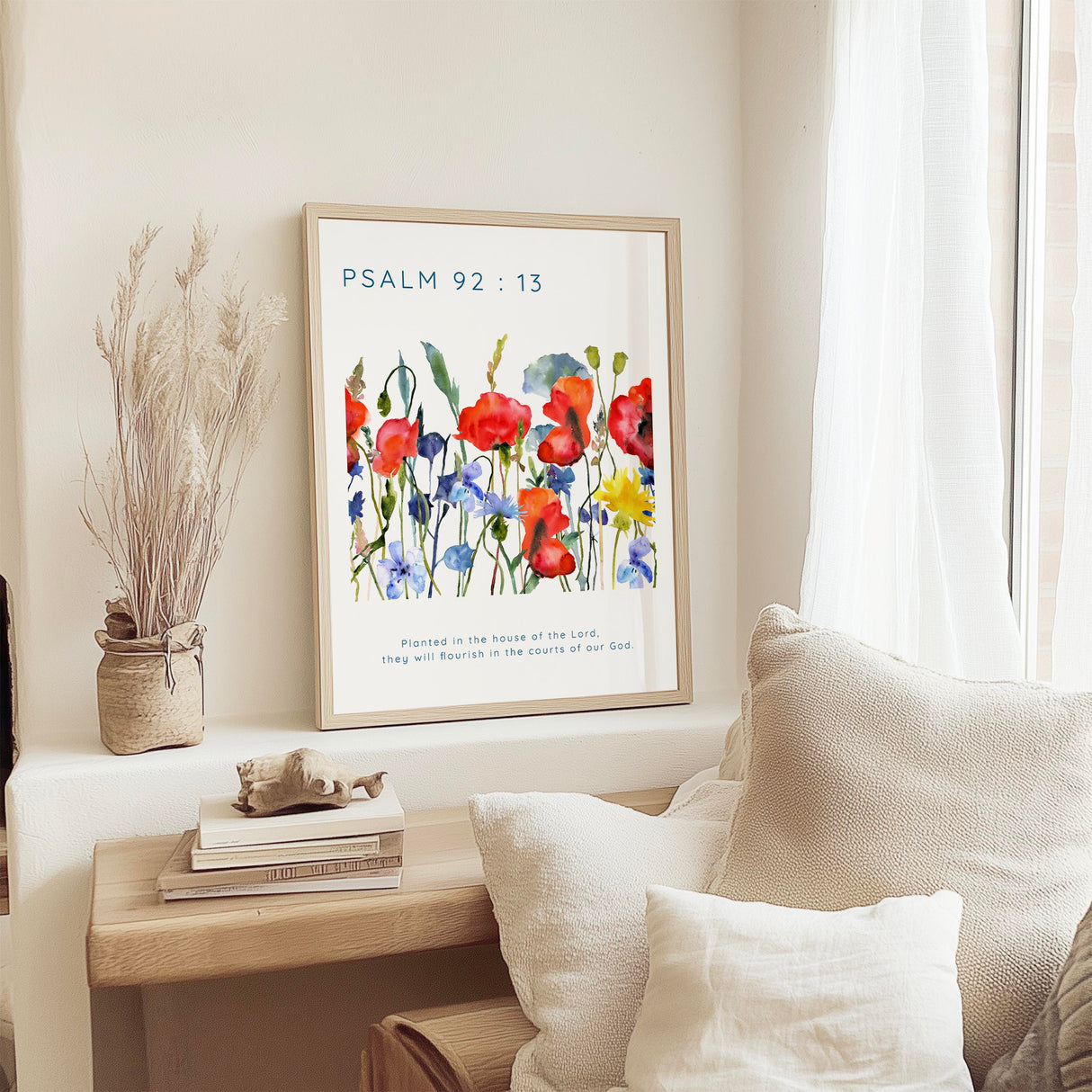 Bible verse print featuring “Planted in the house of the Lord” with a field of watercolour wildflowers.
