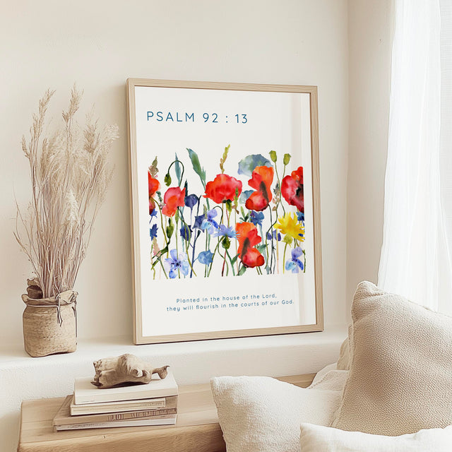 Bible verse print featuring “Planted in the house of the Lord” with a field of watercolour wildflowers.