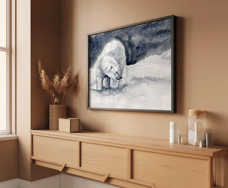 Watercolour painting of a polar bear standing on snow, titled Arctic Stillness.