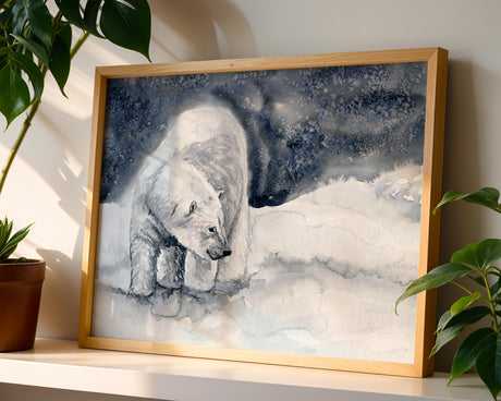 Serene polar bear wall art print evoking quiet and cold Arctic landscapes.