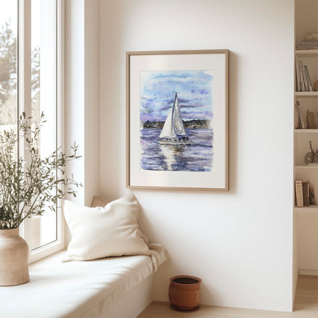 Yacht sailing across Poole Bay with gentle sails and distant coastline, serene coastal wall art.