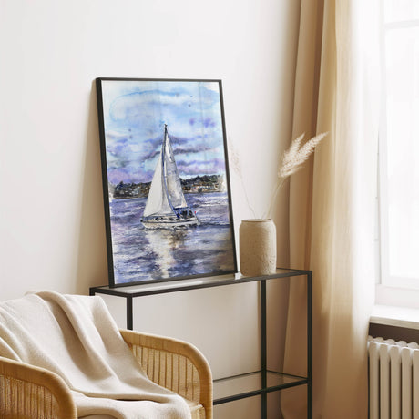 Nautical wall art print of a lone yacht drifting across a tranquil bay scene.
