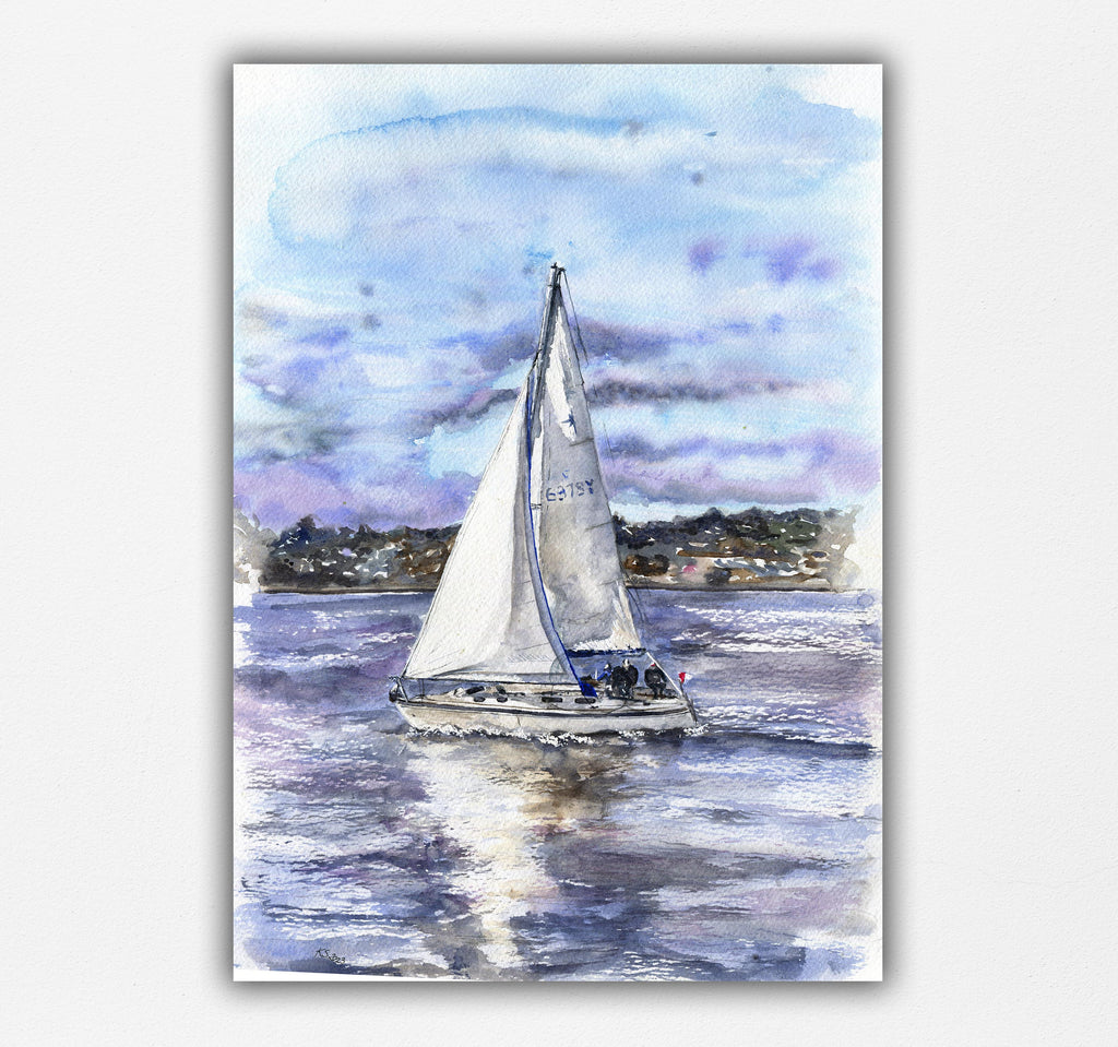 Serene coastal watercolor art print, Graceful yacht painting Poole Bay, Tranquil watercolor seascape print, yacht print