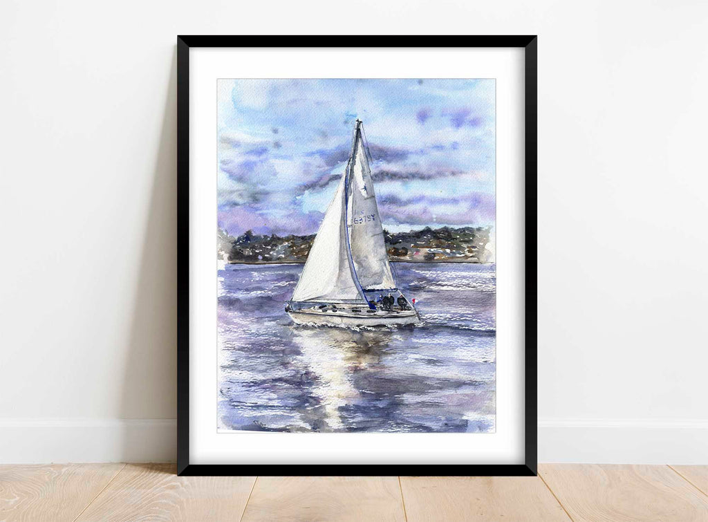 Nautical watercolor print Poole Bay, Coastal living wall art decor, Sailing yacht watercolor artwork, gift for sailor