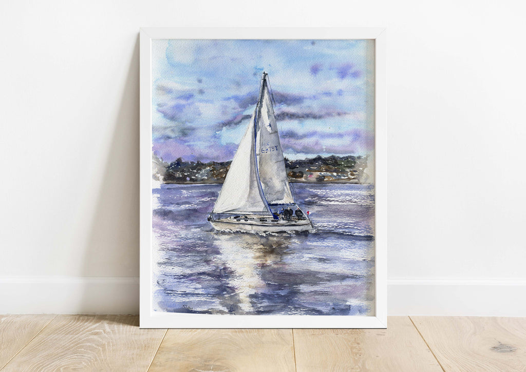 Maritime-themed watercolor print, Seaside yacht painting print, Poole Bay seascape watercolor art, Yacht sailing wall decor
