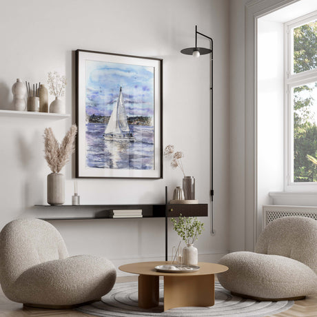 Sailboat seascape wall art decor, Maritime watercolor scene print, Poole Bay coastal living room decor, sailing gift