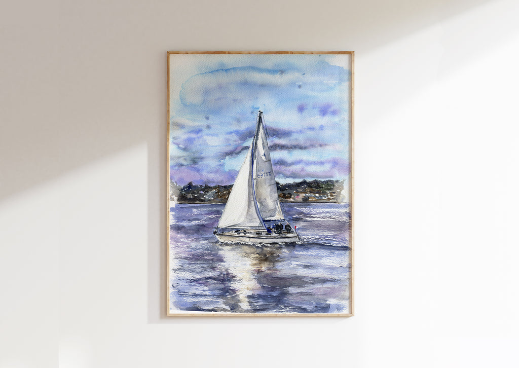 Yacht Wall Art, Sailboat Print, Sailing Decor Poster Gift for Sailor, Watercolor yacht sailing print Poole Bay, sailboat