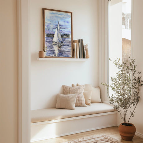 Serene sailing art print with yacht in Poole Bay, perfect for coastal home decor.