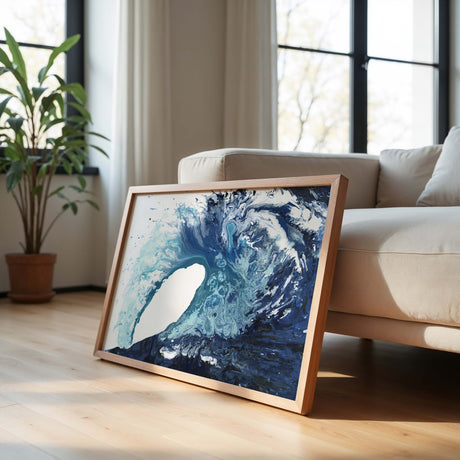 Indigo and blue abstract wave art print with fluid textures, perfect for modern coastal living room decor