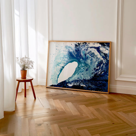 Contemporary ocean wave wall art in blue hues, acrylic-based print titled 'Poole Wave' for home or office
