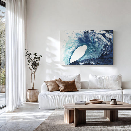 'Poole Wave' abstract wave print, calming blue ocean artwork with movement and flow for serene home interiors