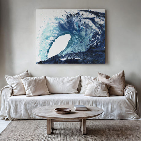 Abstract ocean wave print in indigo and blue tones, inspired by coastal waves and rolling surf