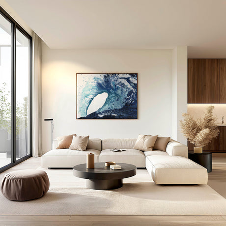 'Poole Wave' - Blue abstract ocean wave wall art print in deep indigo, soft blue and cream, coastal wall art for living room or bedroom.