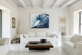 'Poole Wave' - Abstract ocean wave print in layered indigo, turquoise and grey tones, contemporary coastal wall art for the home.