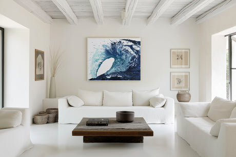 'Poole Wave' - Abstract ocean wave print in layered indigo, turquoise and grey tones, contemporary coastal wall art for the home.