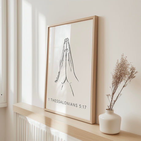 Elegant praying hands line drawing with 1 Thessalonians 5 17 text for peaceful and inspiring decor.
